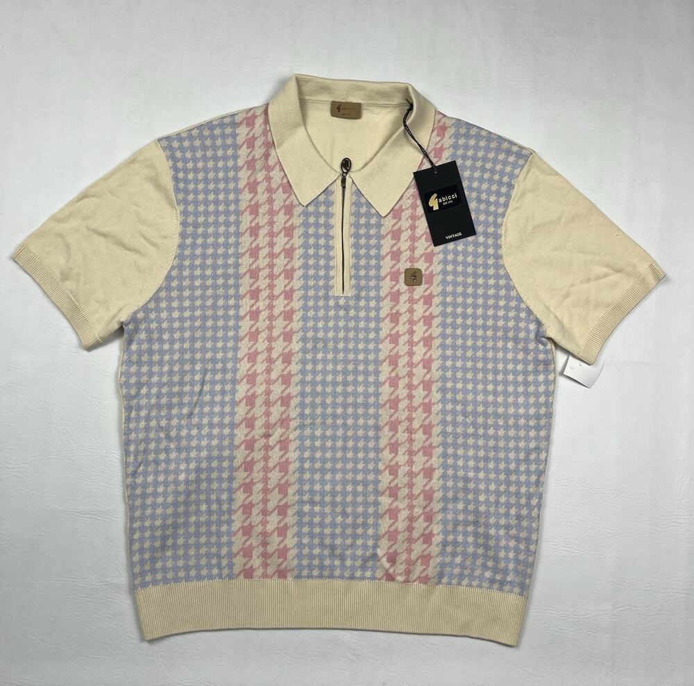 Gabicci Zipped Polo Shirt Mens 2XL Cream Vintage Houndstooth Jacquard